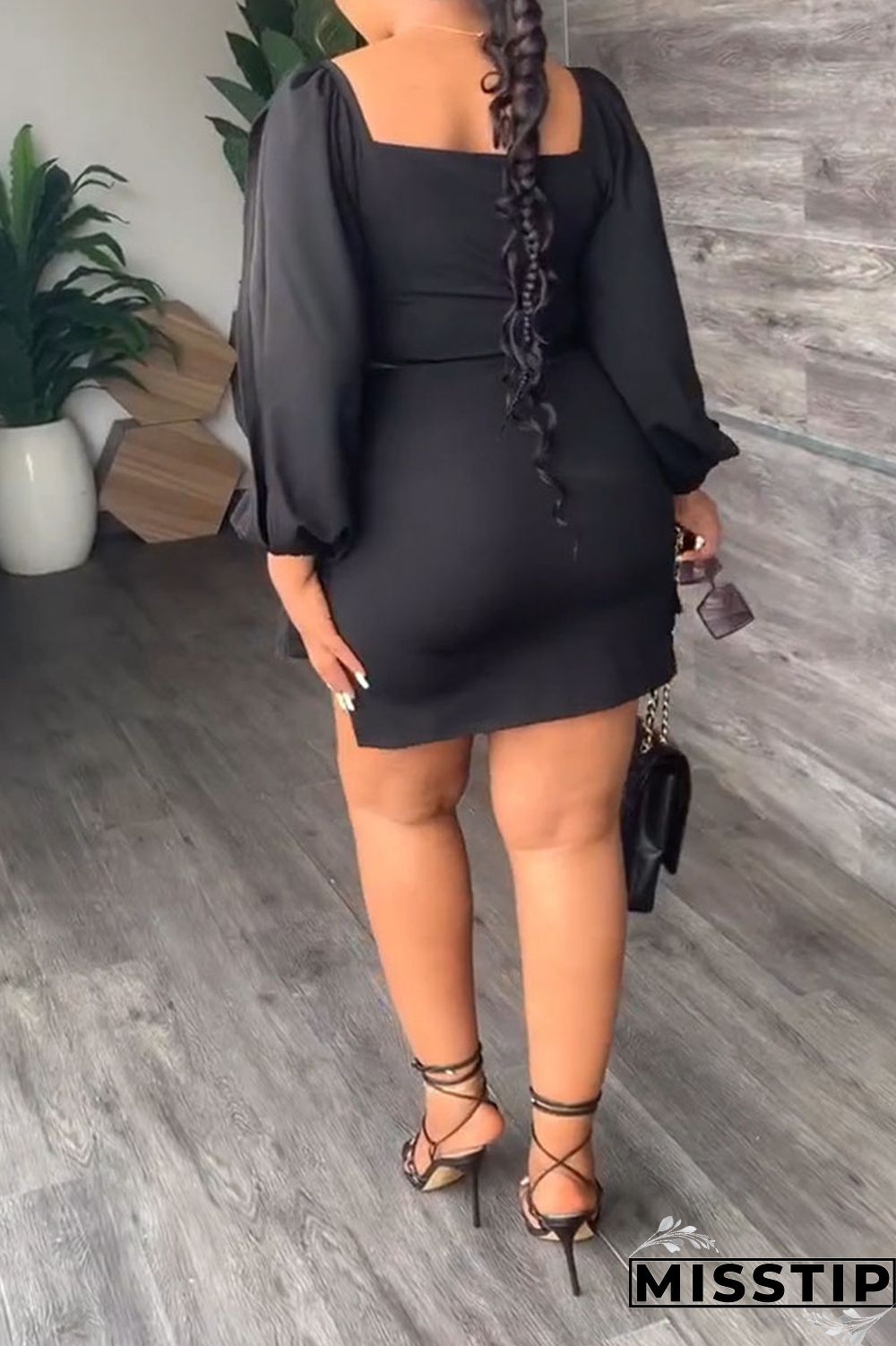 Black Casual Solid Bandage Patchwork Fold Square Collar Long Sleeve Two Pieces