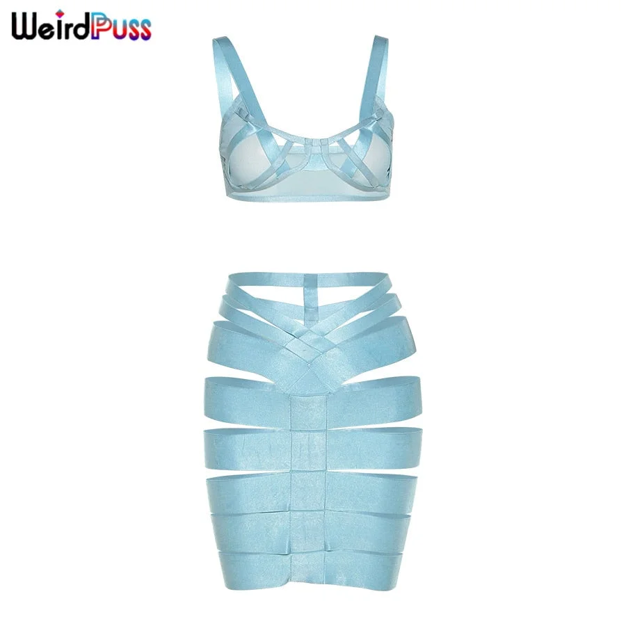 Weird Puss Two Piece Set Women Hollow Out Mesh Band Patchwork Summer Trend Beach Style Top+Skirt Skinny Matching Party Clubwear