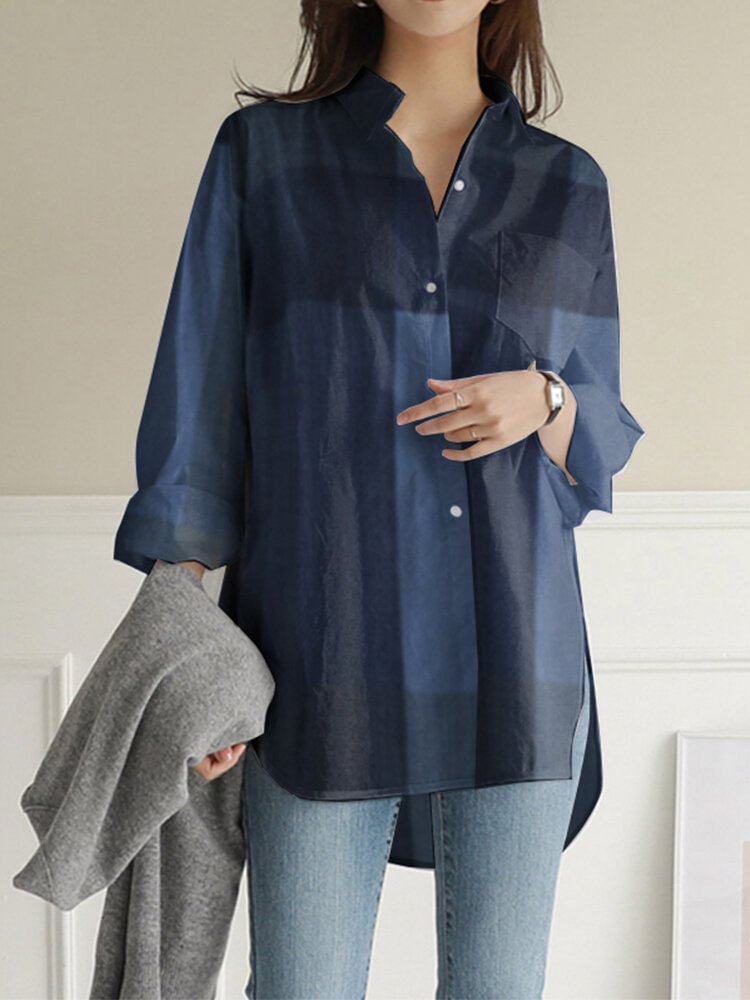 Plaid Print Long Sleeves Casual Loose Blouse With Pockets - Life is Beautiful for You - SheChoic