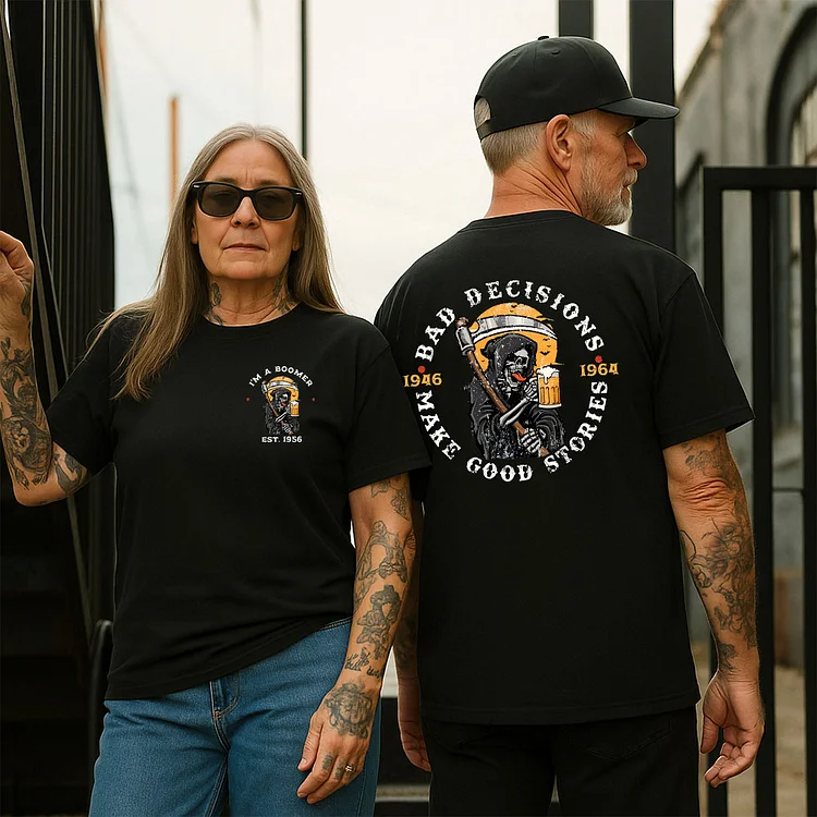 Bad Decisions Make Good Stories Drinking Skull , Boomer Custom Year Of Birth T shirt, Cotton T Shirt