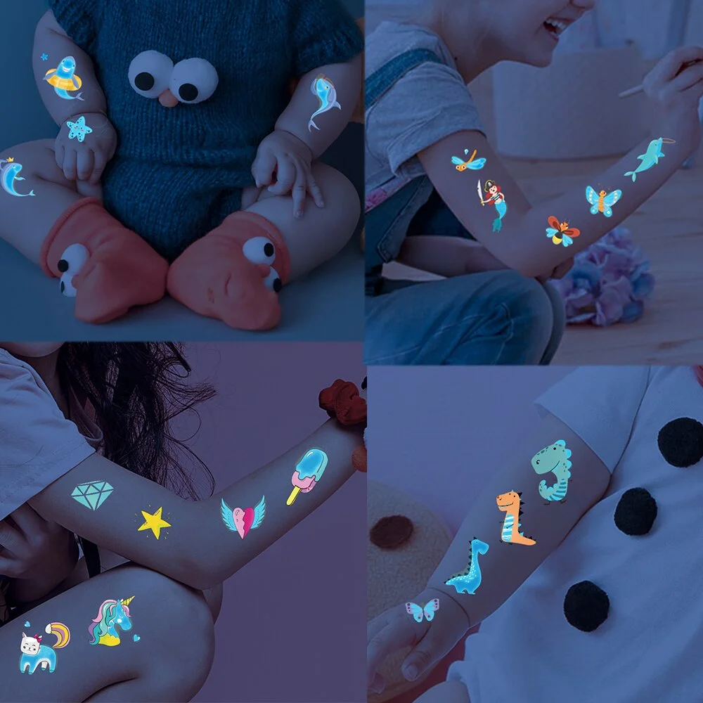 Luminous Night Temporary Tattoo Sticker Children Cartoon Stars Dolphin Butterfly Car Animal Waterproof Body Art Kids Fake Tatoo
