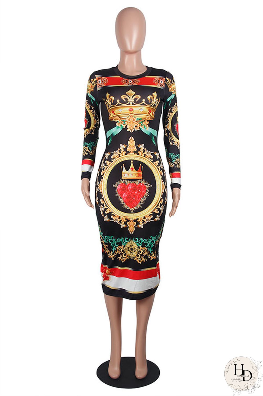 As Show Fashion Long Sleeves O neck Slim Dress Mid-Calf Print Print Dresses