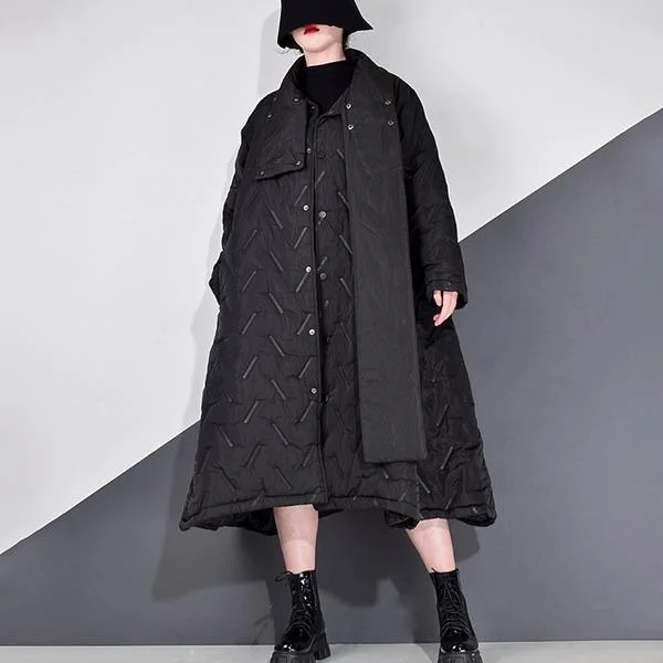 Single Breast Parkas Striped Plus Size Black  Full Sleeve Elegant Casual Style Minority Parkas