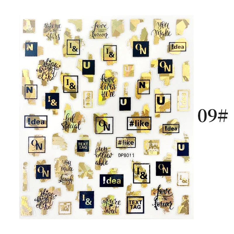 1 Sheet Bronzing Abstract Color Block 3D Nail Sticker Art Letters Design Transfer Sliders Paper DIY Manicuring Wraps