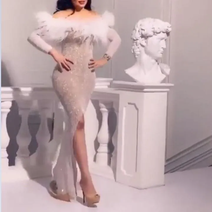 Brownm Brownm New Women's Ebay Dress Sexy Sprinkling Gold Feathers Open Forked And Hip Banquet Evening Dress