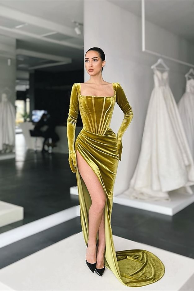 Square Long Sleeves Prom Dress With Slit | Ballbellas Ballbellas
