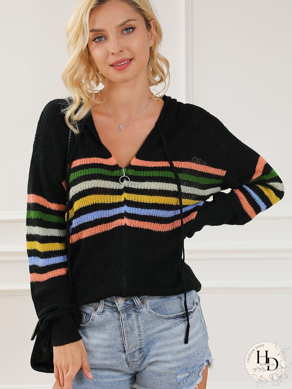 Rainbow Striped Hooded Sweater Cardigan