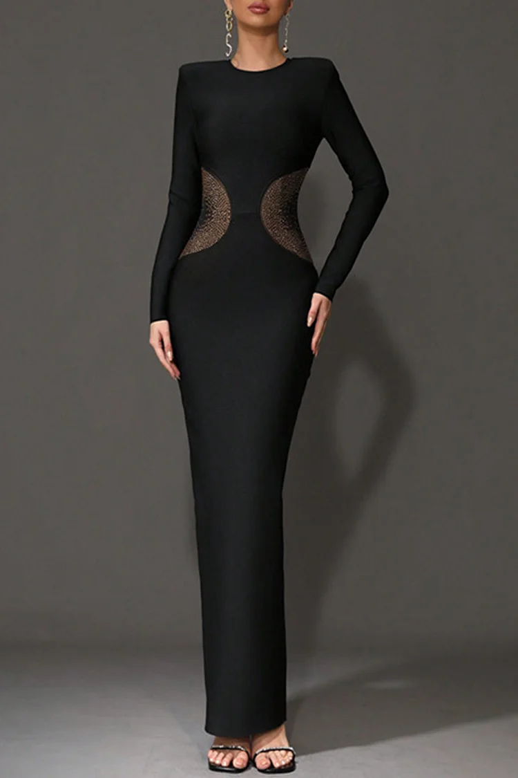 Waist Mesh Rhinestone Long Sleeve Maxi Dress-Black