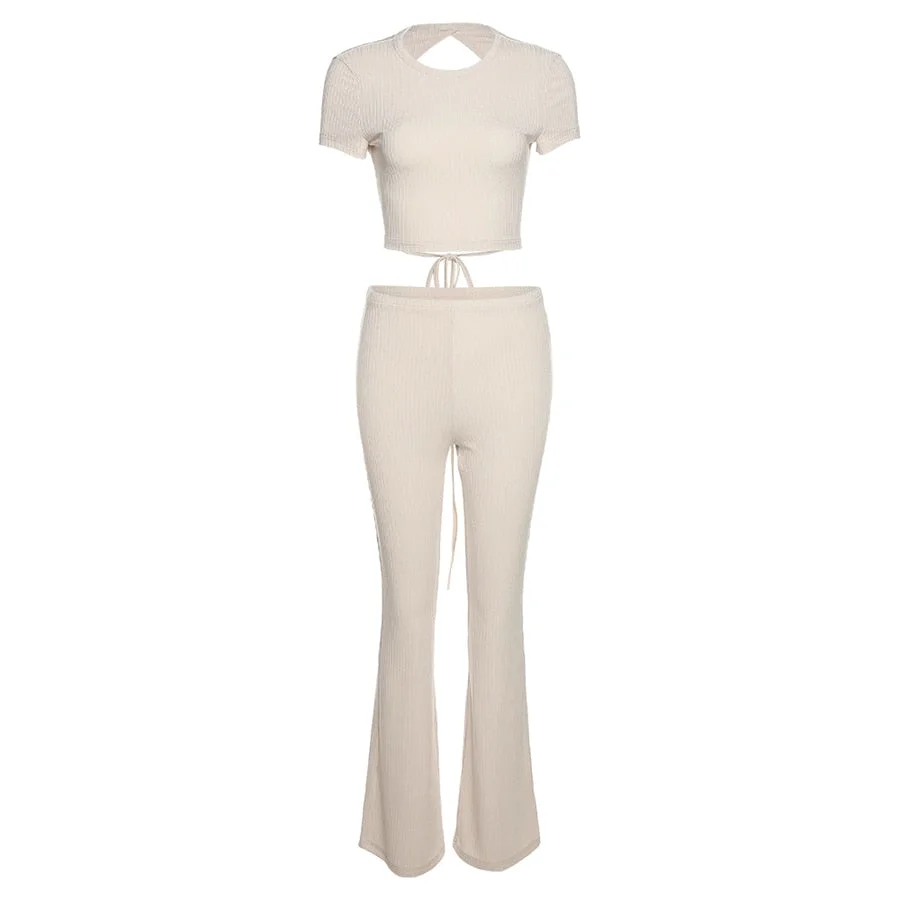 Weird Puss 2022 Elegant Two Piece Set Women Backless Bandage Short Sleeve Crop Top+Pants Summer Y2K Matching Streetwear Outfits