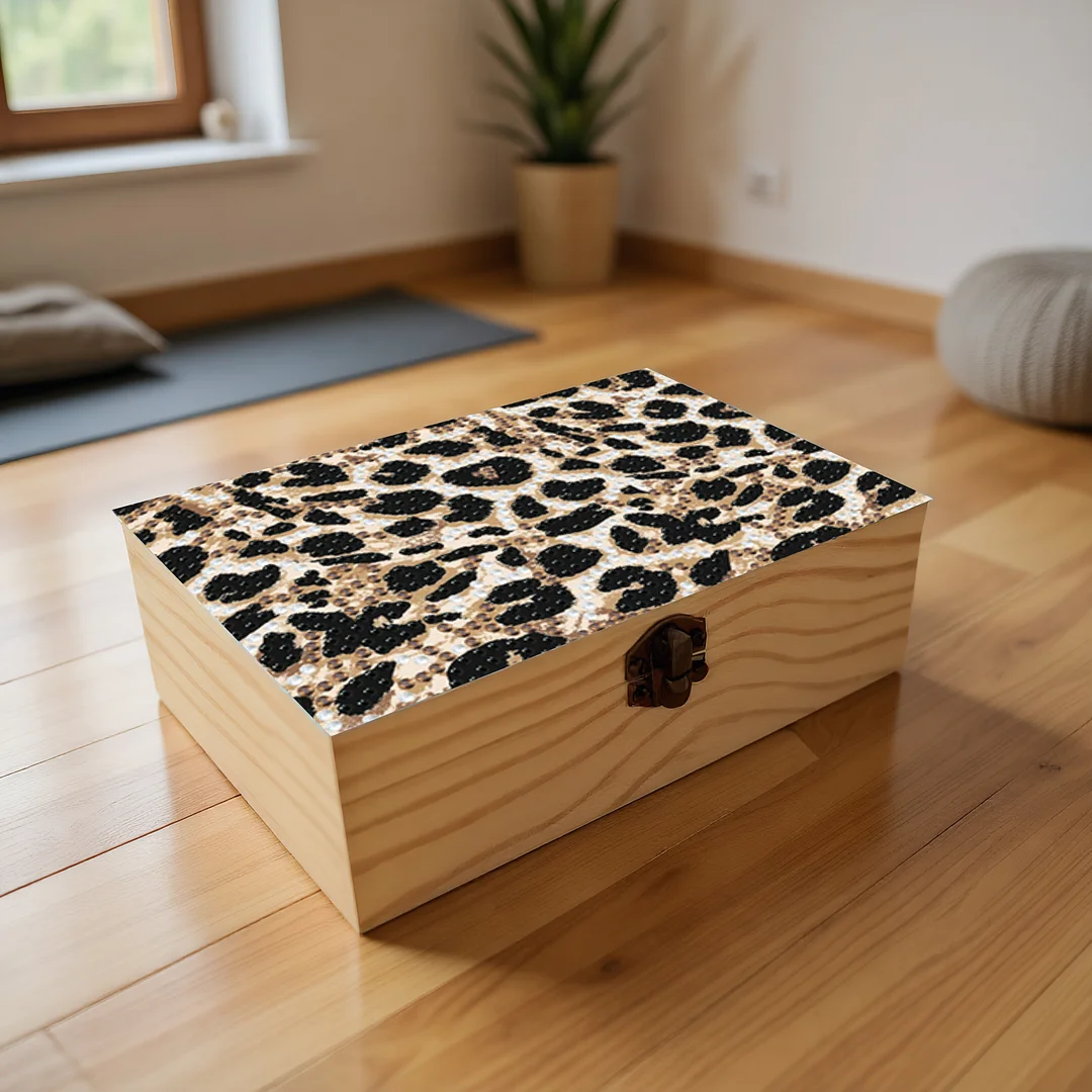 5D DIY Diamond Painting Handmade Wood Storage Box for Home Decor (Leopard Print)