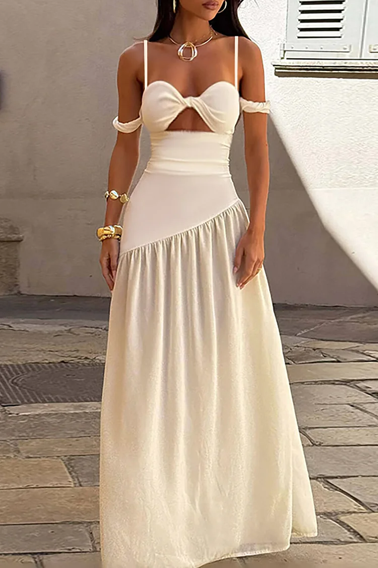 Irregular Neckline Cutout Cinch Waist Backless Slip Maxi Dresses-Beige
