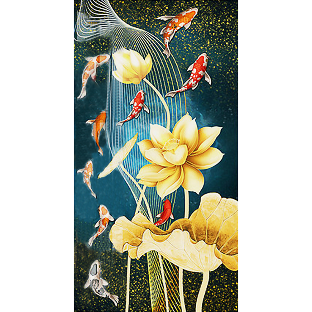 

45*85CM - Round Drill Diamond Painting - 9 Fishes Gather Lotus, 501 Original