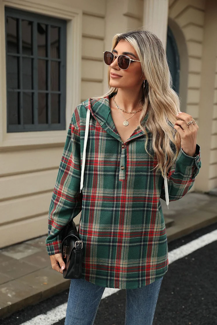 Women's Loose Long Sleeve Hooded Button Plaid Jacket Sweatshirt  Stunahome.com