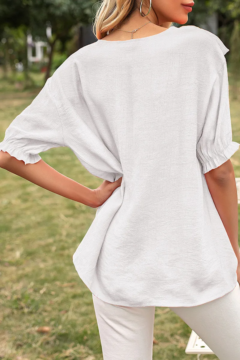 Elegant Solid Split Joint Flounce O Neck T-Shirts