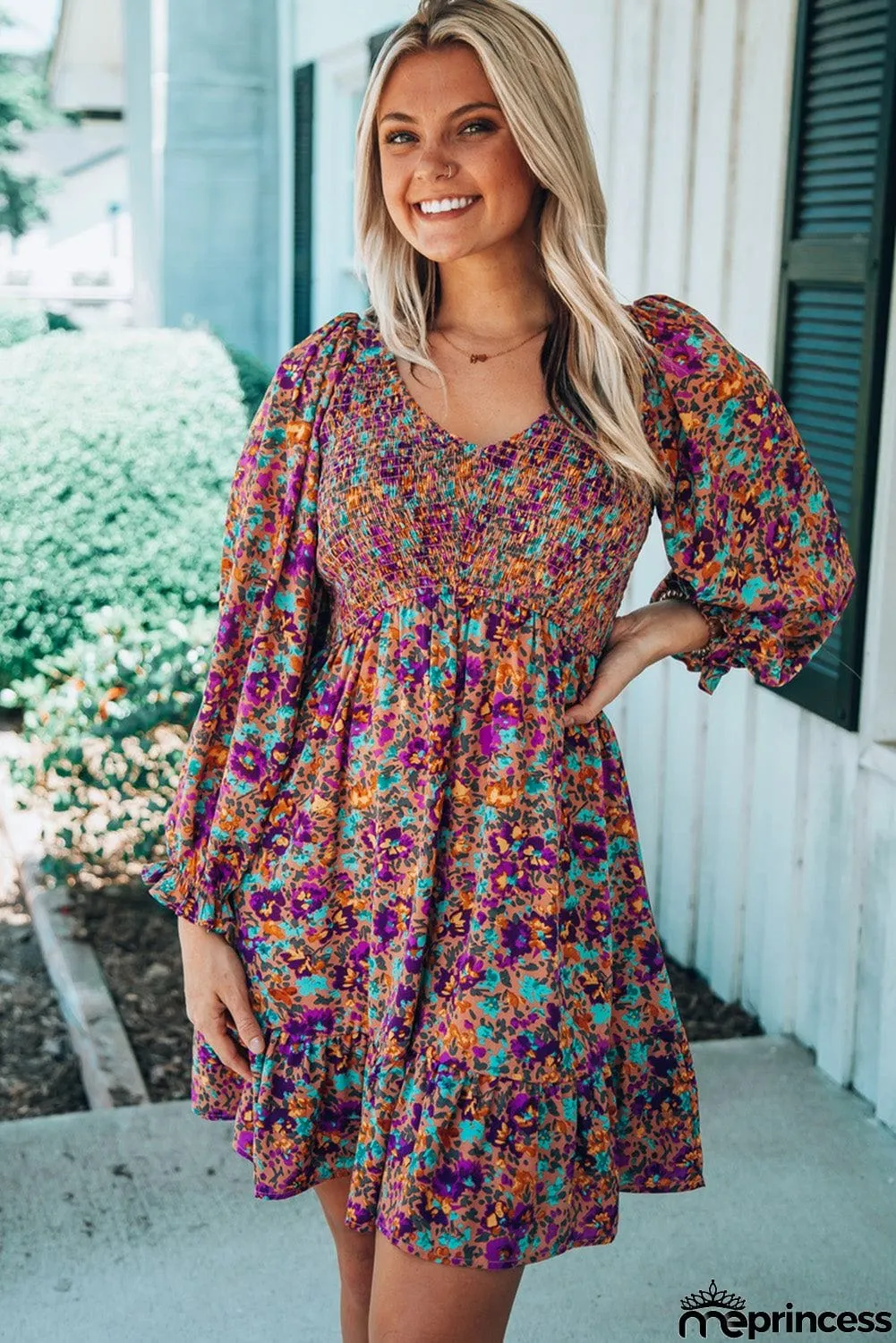 Smocked V Neck Puffy Sleeve Floral Dress