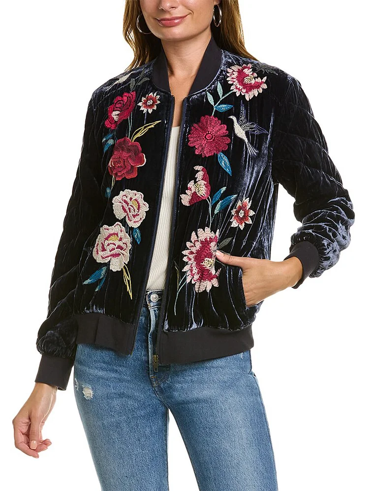 Casual Floral Stand Collar Zipper Long Sleeve Velvet Jacket