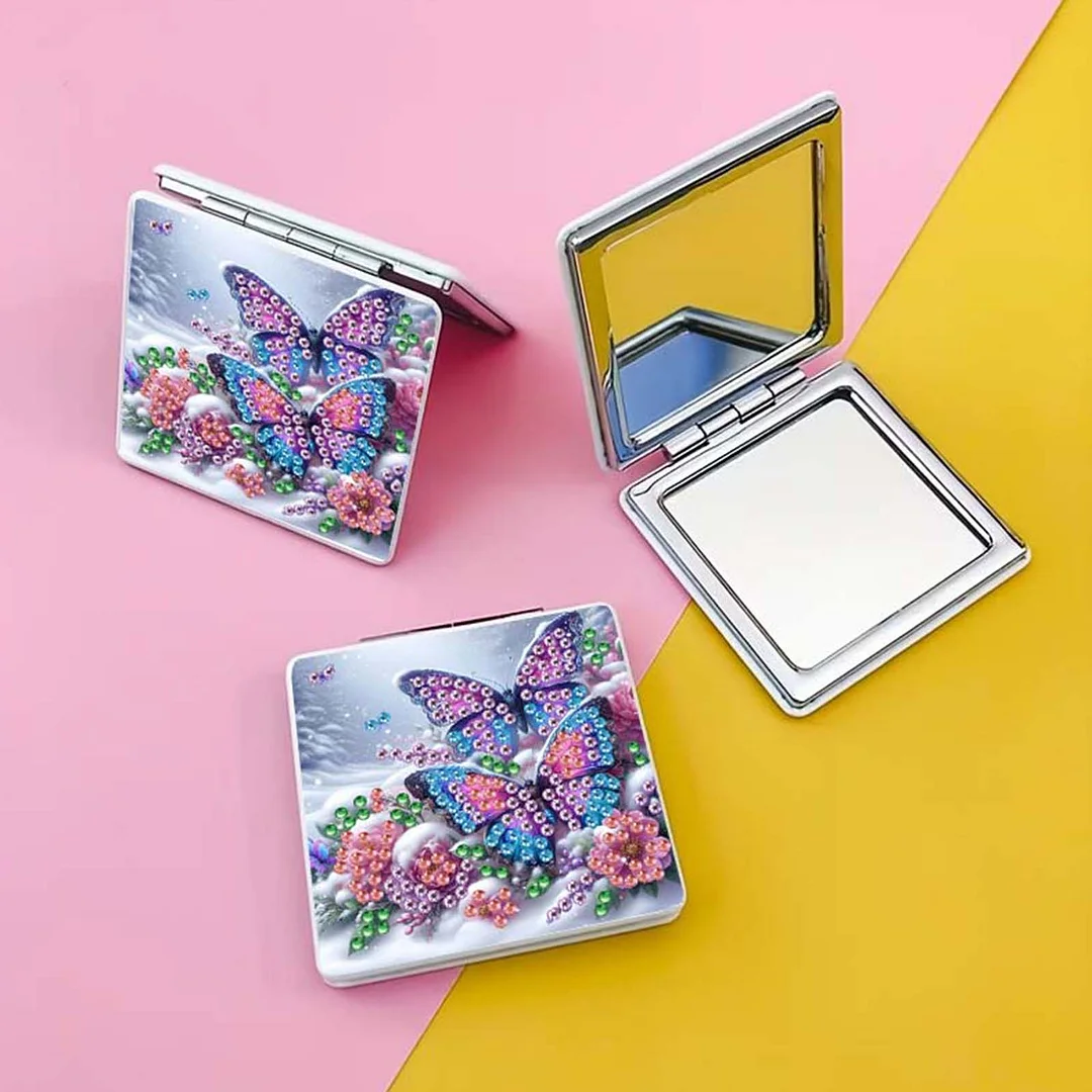 Butterfly Flowers DIY Special Shaped Diamond Painting Compact Mirror Kits Diamond Art Painting Pocket Mirror for Beginners Adults Art Craft Woman Gifts