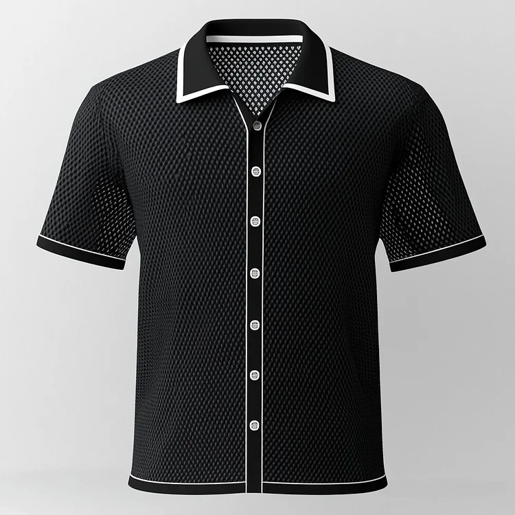 Men's Hollow Out Contrast Binding Turndown Collar Button Short Sleeve Shirt