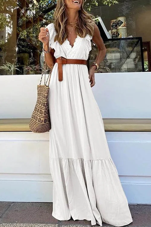 V Neck Lace Trim Sleeveless Maxi Ruffle Dress