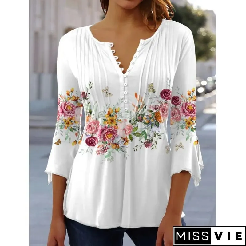 Women's Button Graphic Floral Printed V-Neck 3/4 Sleeve Top