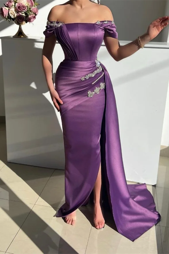 Modern Purple Off-the-Shoulder Prom Dresses Mermaid Ruffle With Beads - lulusllly