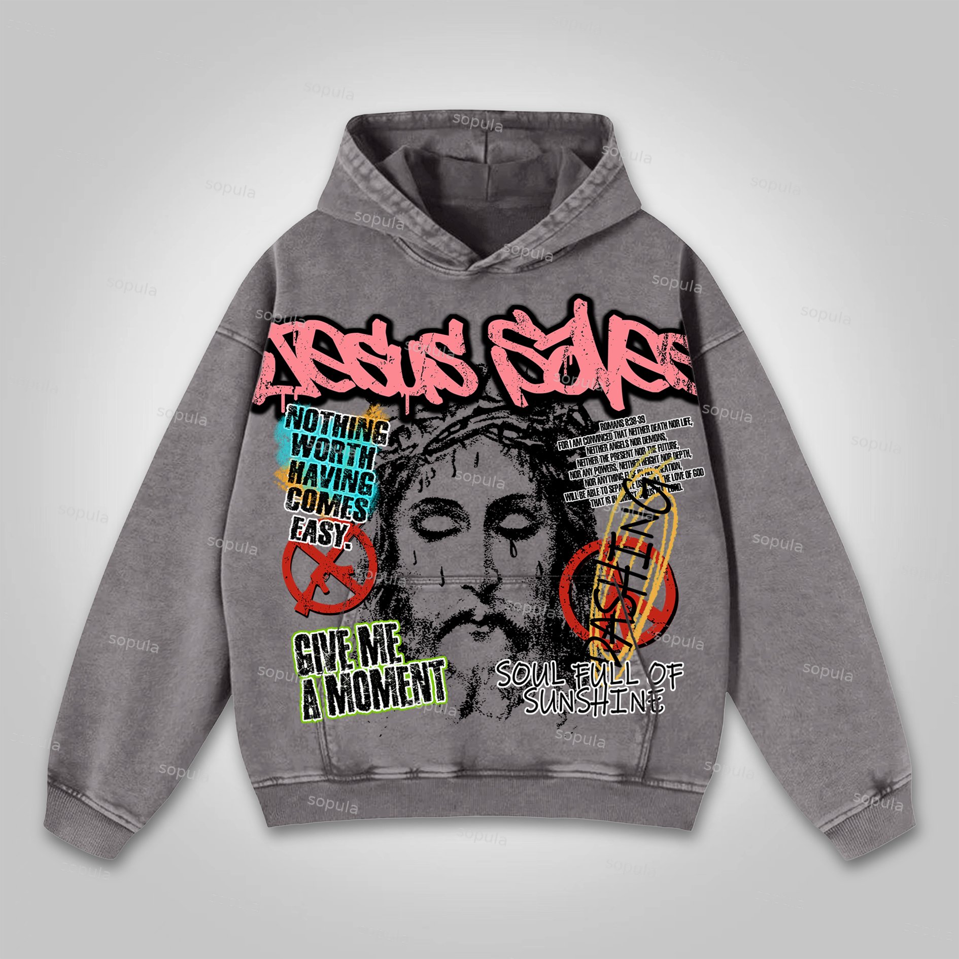 Sopula Vintage Jesus Saves Bible Print Washed Hoodie - SOPULA