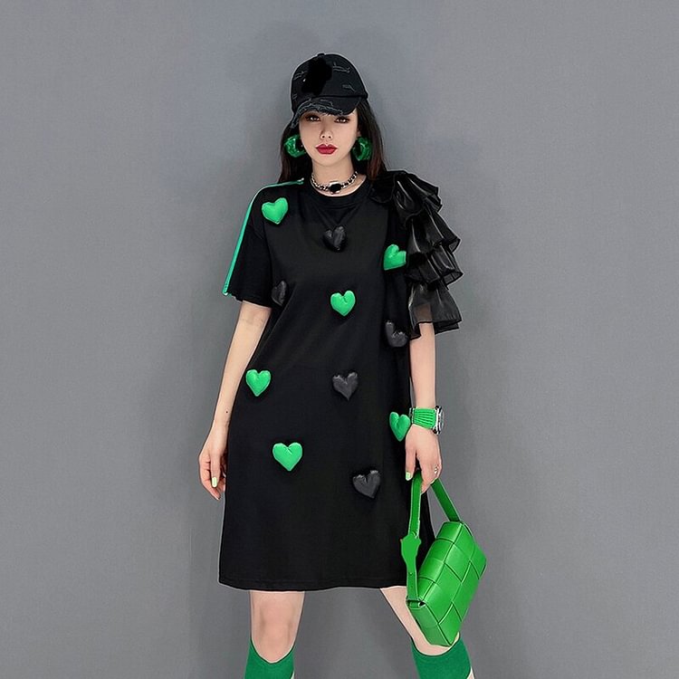 Street O-Neck Contrast Color Heart Shaped Decor Asymmetrical Ruffles Short Sleeve Dress  