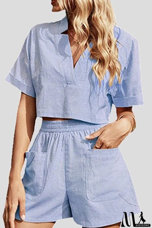 MidiSono - V Neck Crop Blouse Pockets Shorts Set