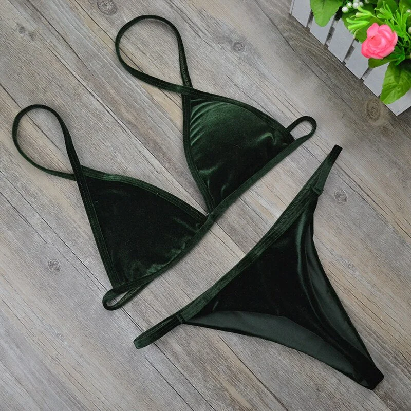 2019 Women Dark Green Orange Gold Velvet Thong Bikinis Sets Swimwear Swimsuit Brazilian Beach Wear Bathing Suit 2221