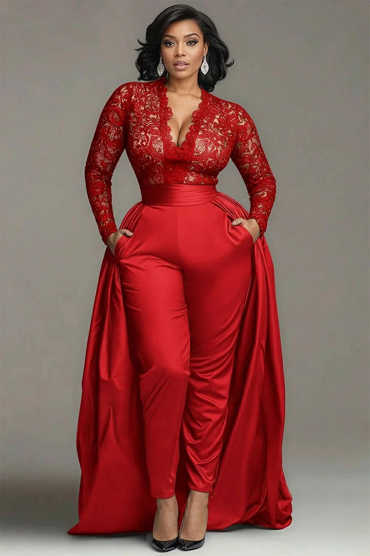 Xpluswear Design Plus Size Formal Satin Black V Neck Long Sleeve With&nbsp;Skirt&nbsp;Overlay&nbsp;Elegant Pocket Lace Jumpsuits  2024 - Xpluswear