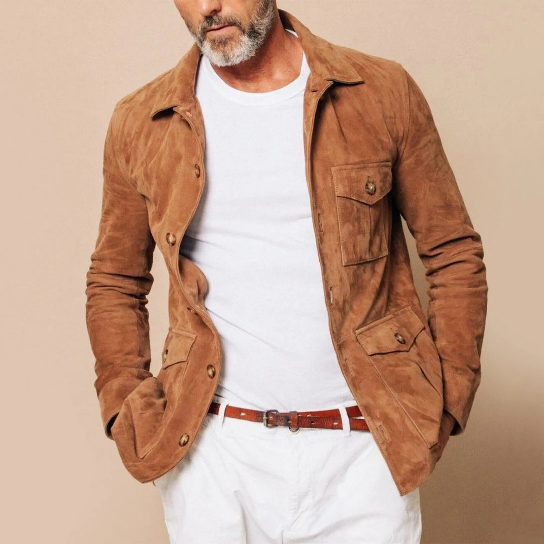 Men's Faux Suede Jacket &ndash; Soft Velour Four-Pocket Button Front