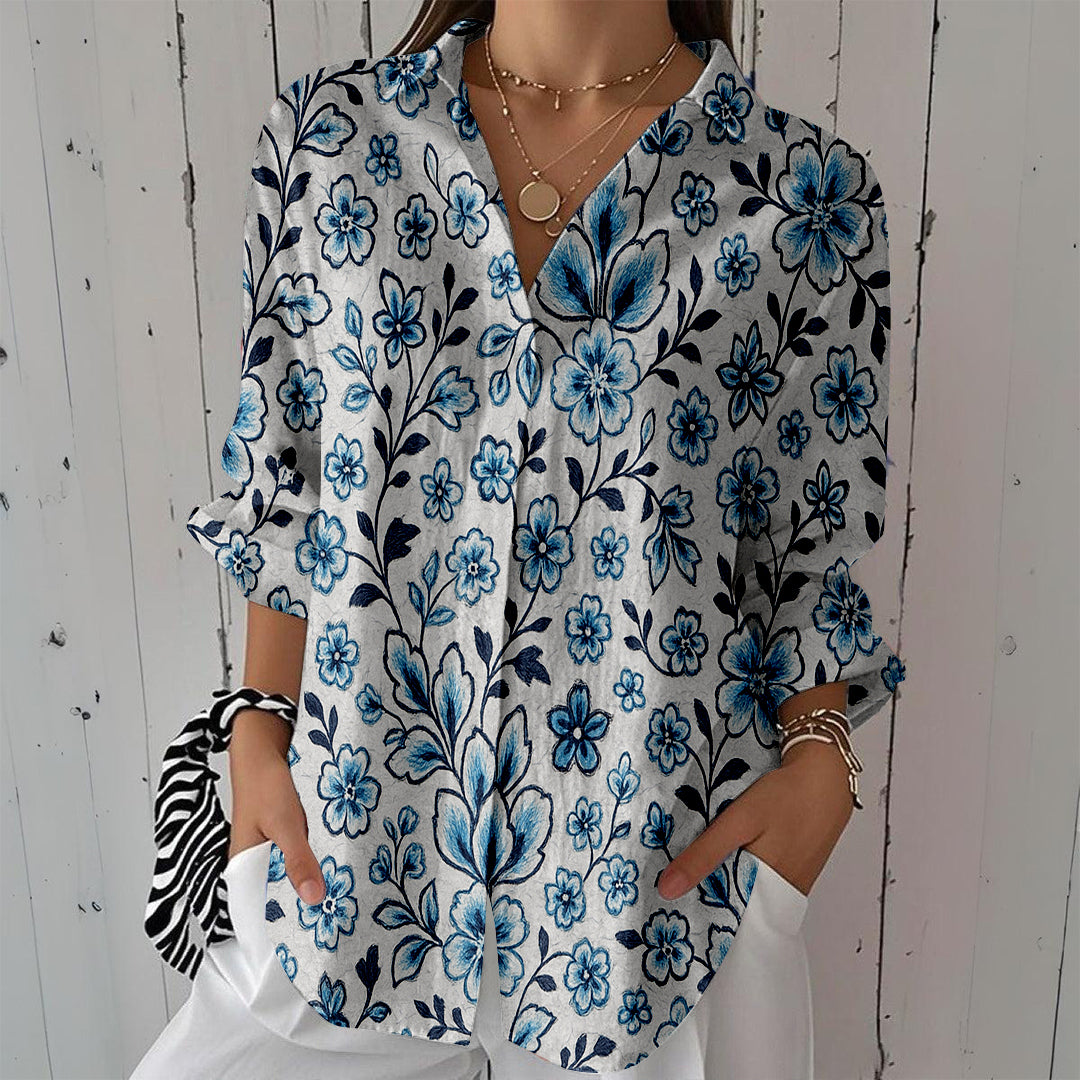 Women Long Sleeve V-neck Graphic Floral Printed Top