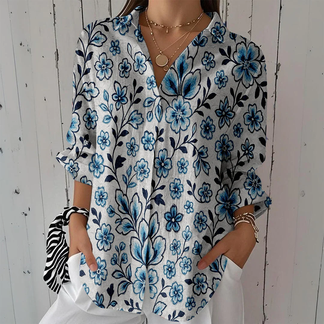 Style & Comfort for Mature Women Women Floral,Blue,Black DZCL0267 3/4 Sleeve Shirt Collar Printed Button Tops