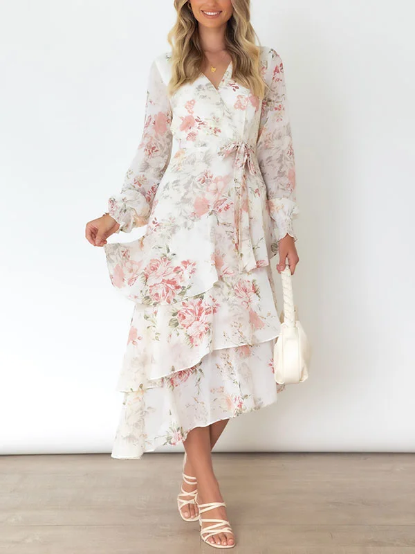 Elegant chiffon lace-up tiered print women's dress