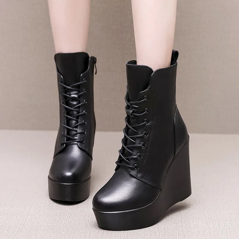 Breakj Breakj Head 12Cm High Slope And Waterproof Table Mid-Sleevel Boots With Side Zipper Women's Boots Pine Cake Plus Velvet Winter Warm Leather Boots