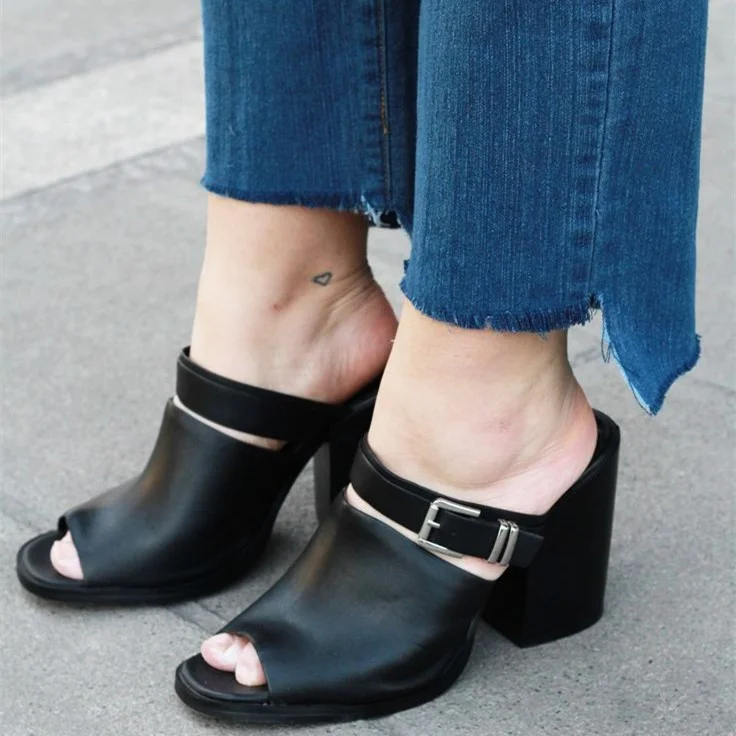 Black Peep Toe Chunky Heels Casual Mules Shoes for Office Lady |FSJ Shoes