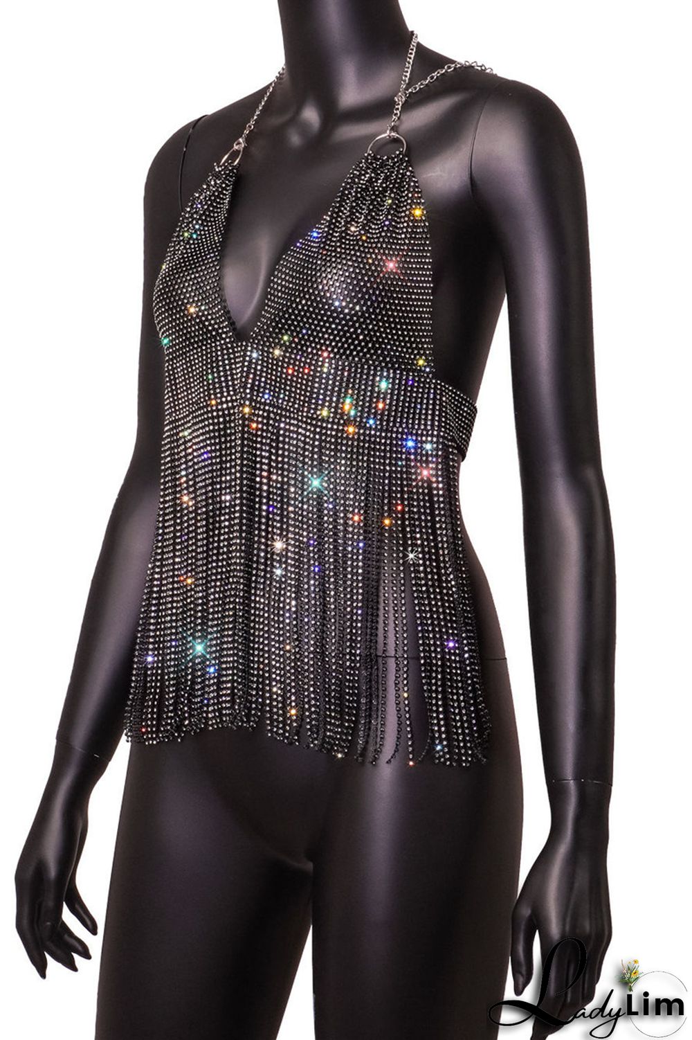 Pink Fashion Sexy Patchwork Tassel Backless Halter Tops