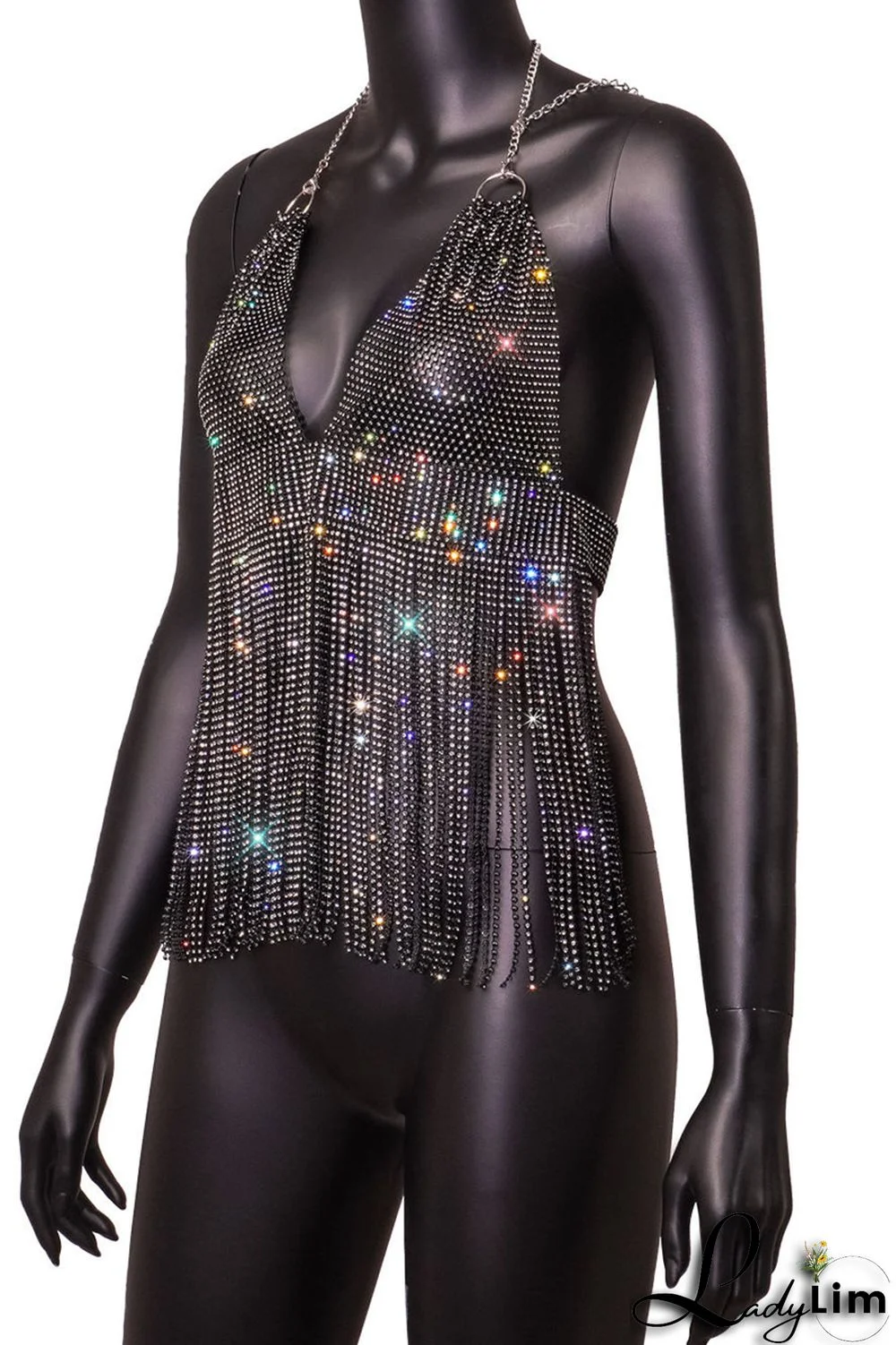 Pink Fashion Sexy Patchwork Tassel Backless Halter Tops