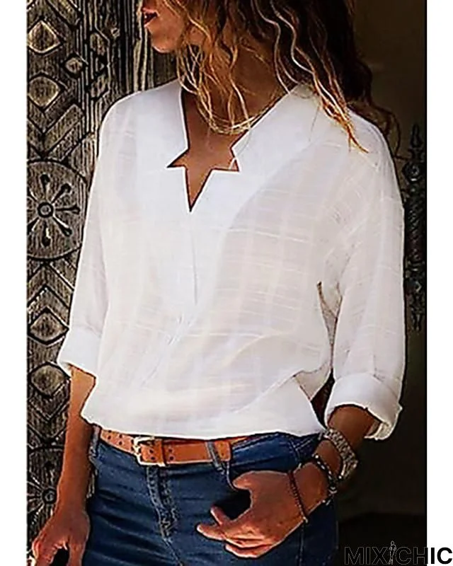 Women's Plus Size Blouse Shirt Solid Colored Plain Long Sleeve V Neck Tops Cotton Streetwear Basic Top White Black Blue-813