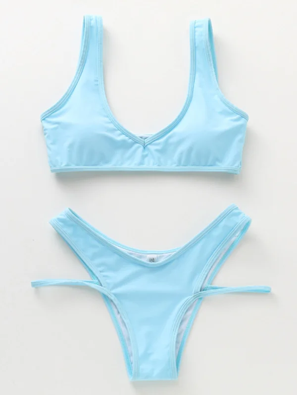 Solid Color Hollow Bandage Split Bikini Swimsuit