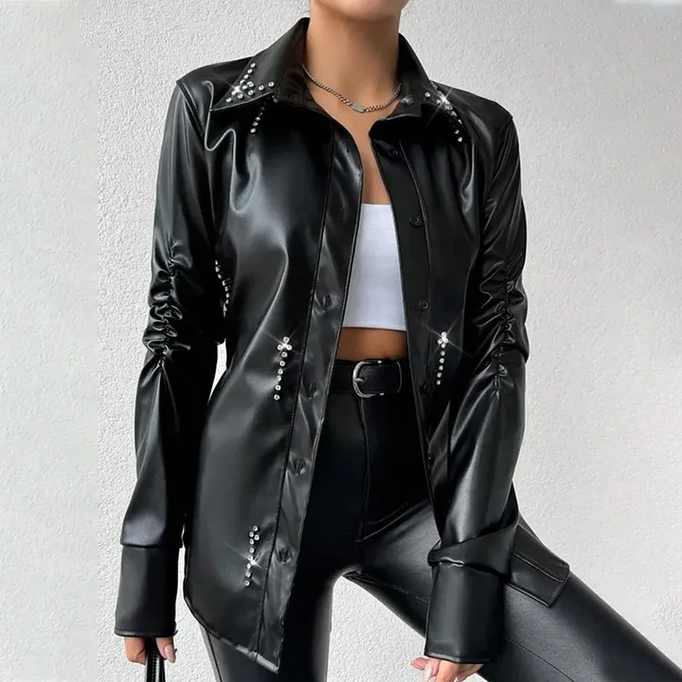 Fashion PU Leather Rhinestone Button Ruched Long Sleeve Blouse