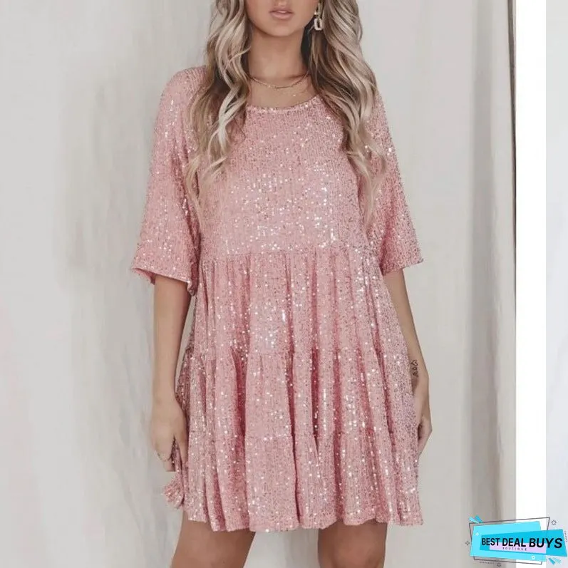 Color Fashionable Sequins Round Neck Loose Waist Sleeve Dresses