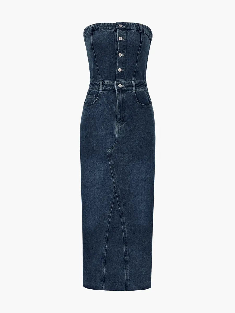 Off Shoulder Tube Top Sleeveless Cowboy Midi Dress