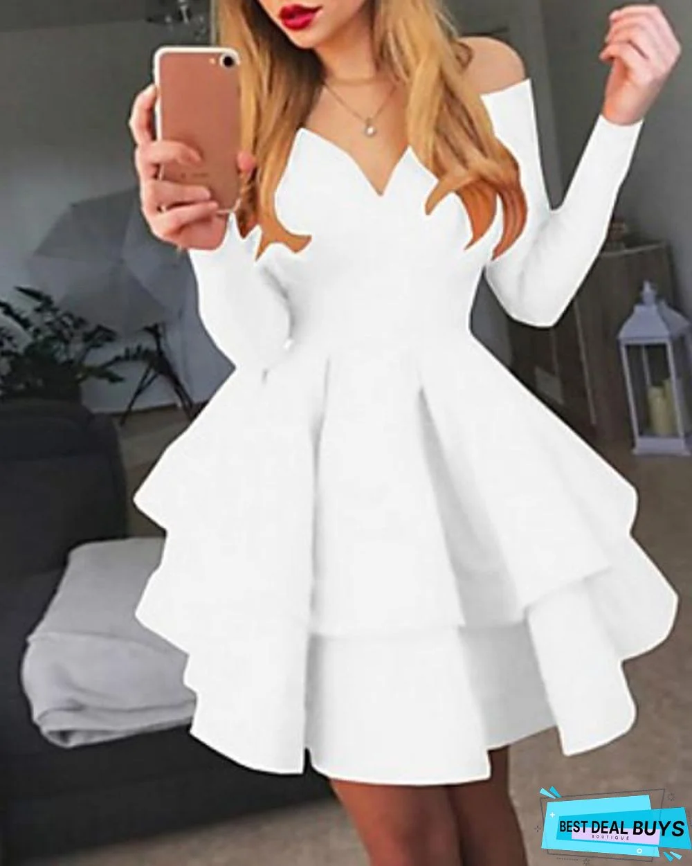 Women's Prom Dress A-Line Dress Short Mini Dress - Long Sleeve Solid Colored Layered Spring Fall Off Shoulder Hot Sexy Going out White Black Red White Dresses