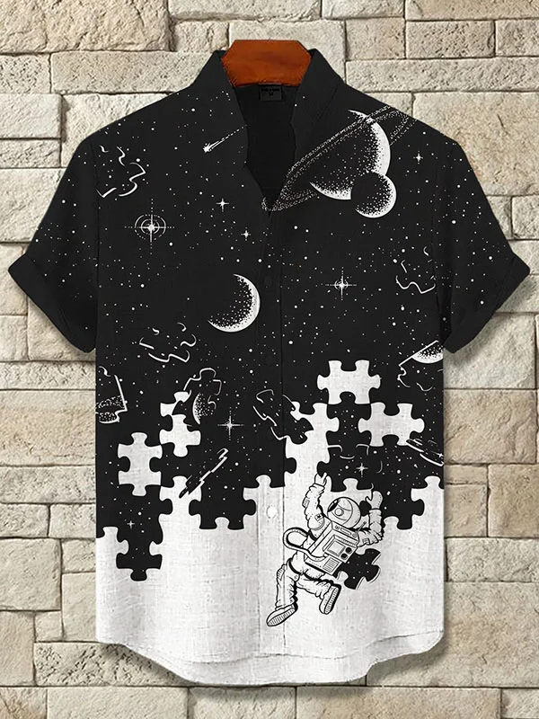 Men's Starry Sky Astronaut Jigsaw Puzzle Art Print Casual Shirt