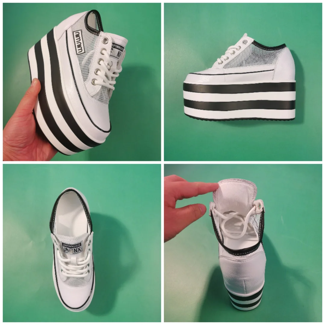 Fujin 12cm Platform Hidden Heel Wedge Chunky Shoes Sneakers Super Genuine Leather Casual Shoes Air Mesh Women Summer Shoes