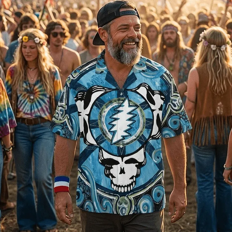 Vintage Grateful Dead Skull & Bear &Terrapin Graphic Cuban Collar Short Sleeve Shirt &ndash; Unisex Retro Cotton Top