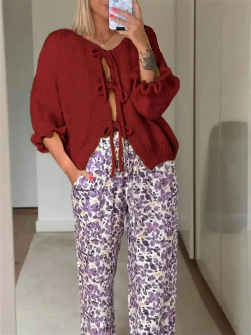 Athvotar Athvotar New Round Tie Nine-Sleeve Rope With Knitted Sweater Lazy Wind Coat