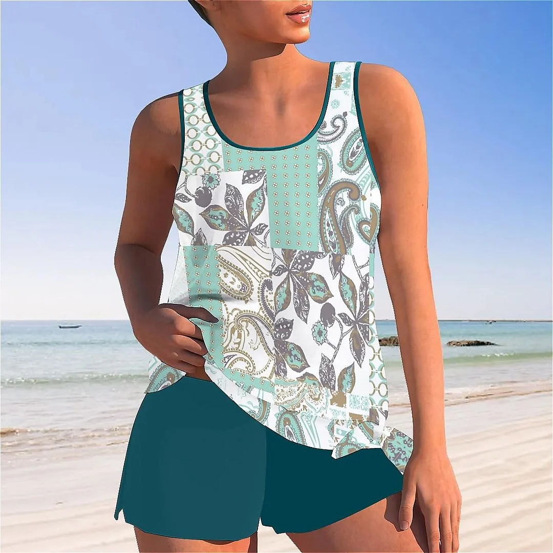Bowknot Floral,Green Mid Waisted Tankini Set - Plus Size Available