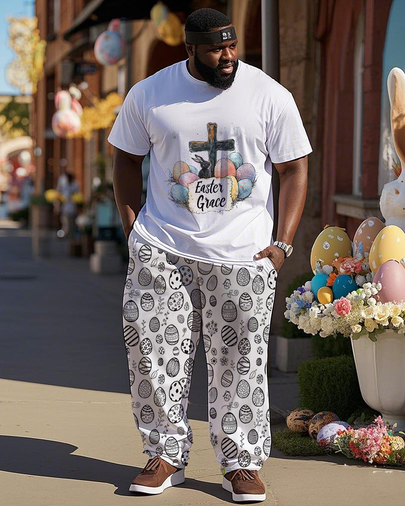 Big Shot. Easter Cross Egg-Print Short Sleeve Trousers Suit